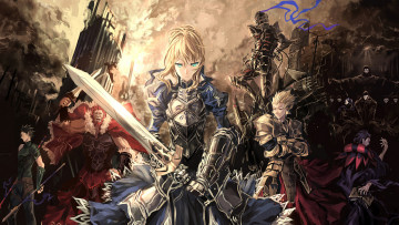 Картинка аниме fate zero saber lancer caster rider berserker archer assassin слуги доспехи оружие город