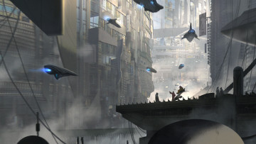 Картинка фэнтези иные+миры +иные+времена иной мир мегаполис летающие аппараты