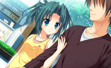 Картинка аниме unknown +другое art nao saeki princess evangile visual novel свидание прогулка улица деревья магазин двое голубые глаза