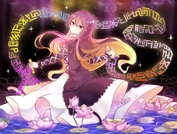Обои картинки фото аниме, touhou, платье, девушка, взгляд, фон, лотосы