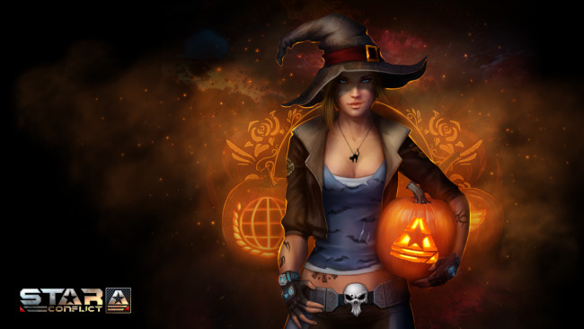 Обои картинки фото видео игры, star conflict, девушка, взгляд, фон, тыква