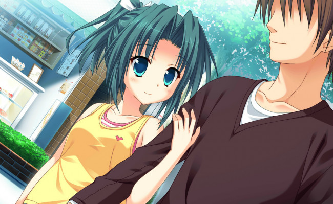 Обои картинки фото аниме, unknown,  другое, art, nao, saeki, princess, evangile, visual, novel, свидание, прогулка, улица, деревья, магазин, двое, голубые, глаза