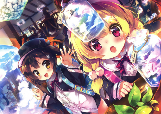 Обои картинки фото аниме, unknown,  другое, облака, восхищение, девочки, дети, банки, арт, mayuzaki, yuu