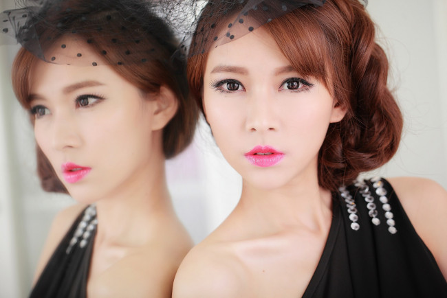 Обои картинки фото девушки, patty lai, азиатка, отражение, зеркало, вуаль, лицо