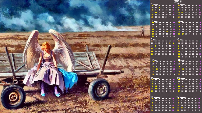 Обои картинки фото календари, фэнтези, девушка, крылья, телега, поле
