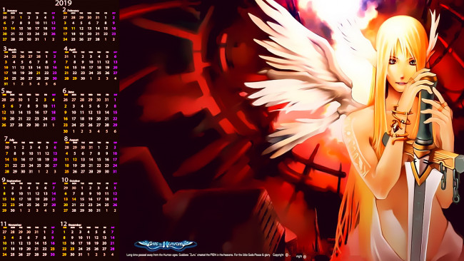 Обои картинки фото календари, фэнтези, взгляд, крылья, оружие