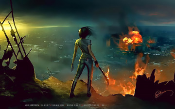 Картинка календари фэнтези огонь calendar 2019 пламя пожар девушка город