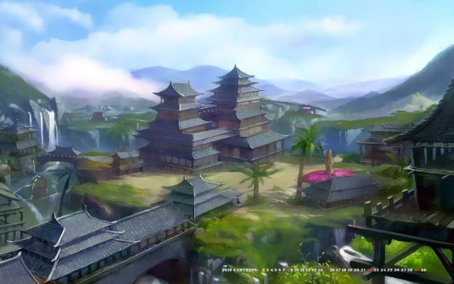 Обои картинки фото календари, фэнтези, 2019, дом, calendar, гора, здание