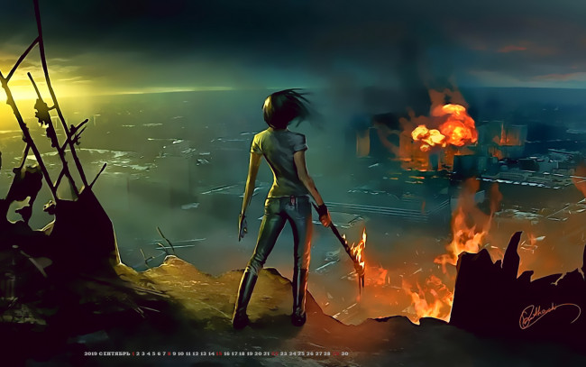 Обои картинки фото календари, фэнтези, огонь, calendar, 2019, пламя, пожар, девушка, город