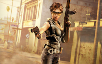 обоя call of juarez,  the cartel, видео игры, девушка, автомат, причёска, короткая, блондинка, оружие, пистолет, фантастика, очки, будущее, другой, мир, красотка, стройная