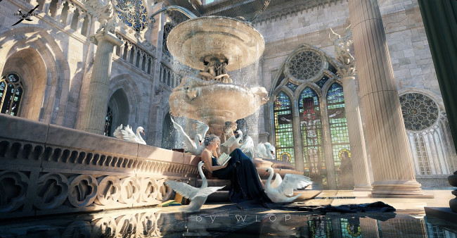 Обои картинки фото фэнтези, _ghost blade ,  призрачный клинок, девушка, книга, лебеди, дворец