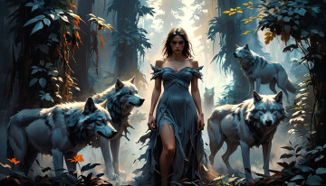 Картинка фэнтези красавицы+и+чудовища девушка платье волки лес