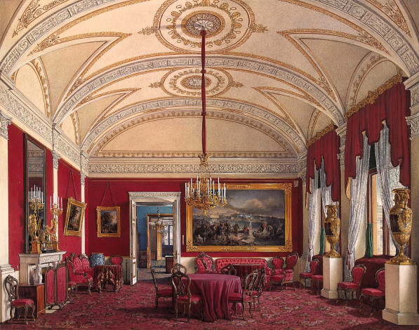 Обои картинки фото рисованное, эдуард гау, дворец, интерьер, комната, свод, лепнина, люстра, стулья, стол, ковер, шторы, вазы, картины