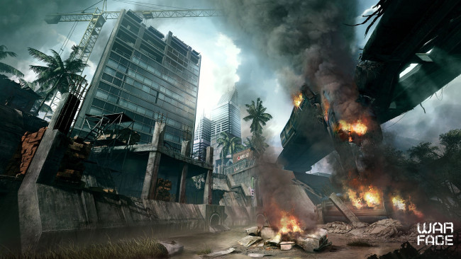 Обои картинки фото видео игры, warface, город, развалины, кран, стройка, дома, огонь, дым, пальмы