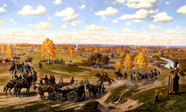 Обои картинки фото рисованное, александр аверьянов, солдаты, оружие, осень, деревья