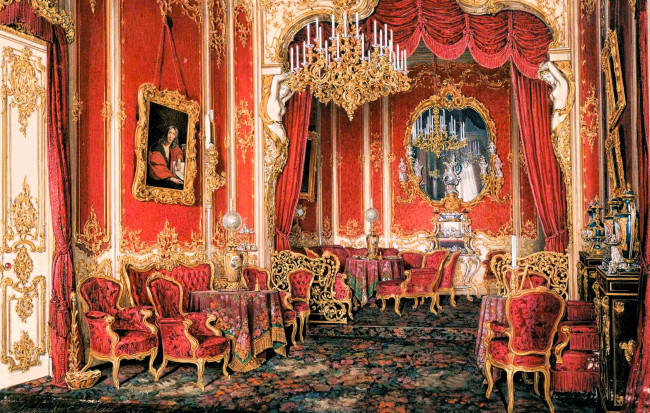 Обои картинки фото рисованное, эдуард гау, дворец, интерьер, комната, свод, лепнина, люстра, стулья, столы, ковер, картины, свечи, шторы