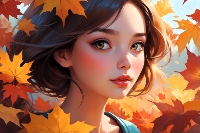 Обои картинки фото рисованное, люди, девушка, лицо, осень, листья