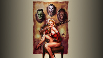 Картинка фэнтези девушки ружьё трофеи дракула оборотень франкенштейн