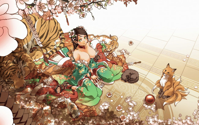 Обои картинки фото аниме, animals, тигр, лиса, кошки, девочка, сакура