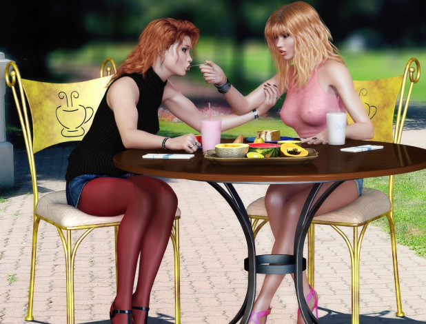 Обои картинки фото 3д графика, люди , people, коктейль, овощи, стол, взгляд, девушки