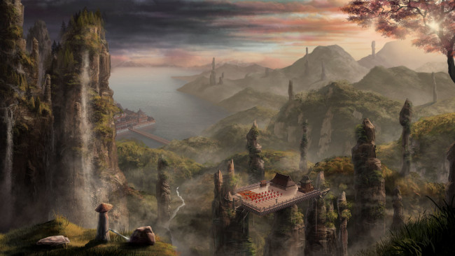 Обои картинки фото фэнтези, иные миры,  иные времена, азия, здания, горы, скалы, пейзаж, гавань, море, водопады, китай, высота