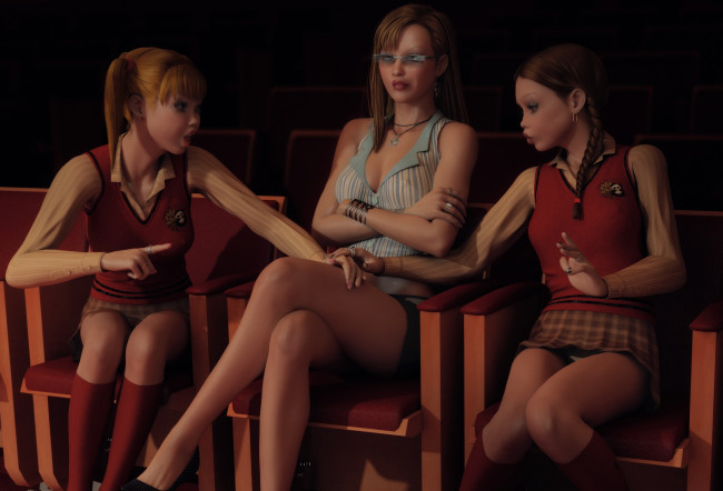 Обои картинки фото 3д графика, люди , people, взгляд, девушки, стулья