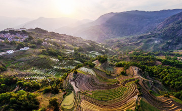 Картинка юньнань +китай природа горы уступы поля панорама