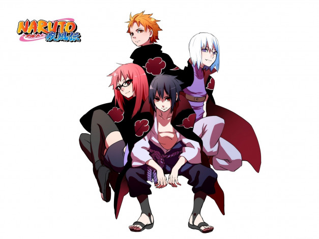 Обои картинки фото аниме, naruto, akatsuki, улыбка, очки, белый, фон, наруто, ураганные, хроники, suigetsu, sasori, плащ, shippuden, ninja, karin, sasuke, uchiha