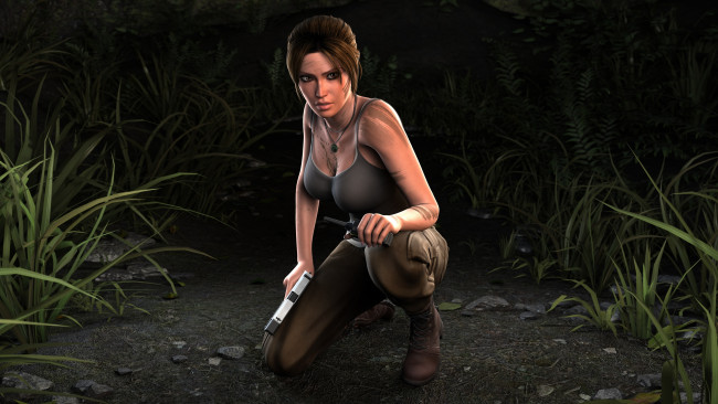 Обои картинки фото 3д графика, люди , people, оружие, фон, взгляд, девушка