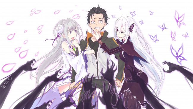 Обои картинки фото аниме, re,  zero kara hajimeru isekai seikatsu, emilia, natsuki, subaru
