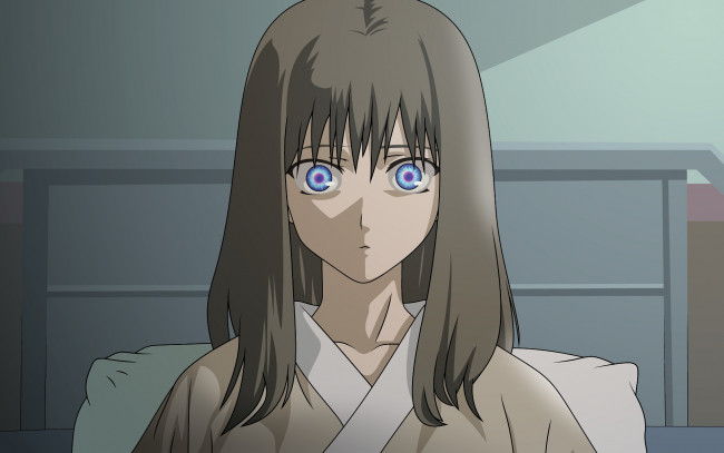 Обои картинки фото аниме, kara no kyokai, девушка, взгляд, фон