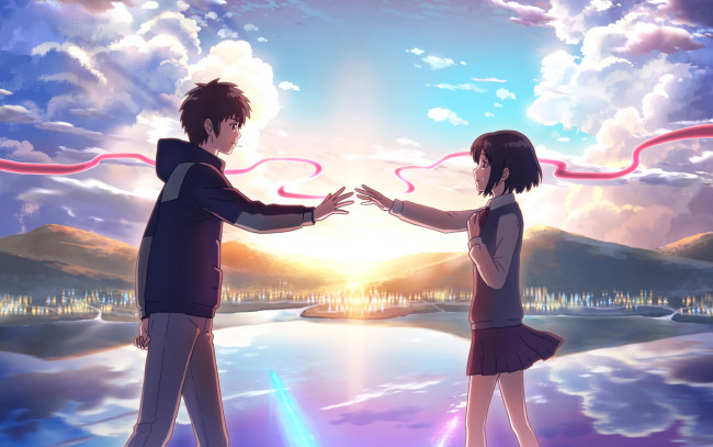 Обои картинки фото аниме, kimi no na wa, взгляд, девушка, парень, фон