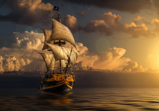 обоя 3д графика, море , sea, боке, облака, небо, корабль, море, графика, 3d, manuel, roger