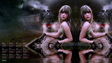 Картинка календари компьютерный+дизайн девушка паровоз водоем