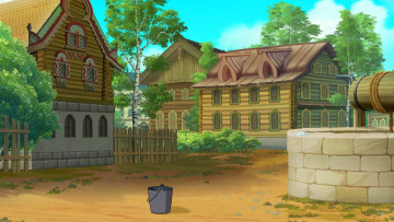 Картинка рисованное города изба ведро колодец забор