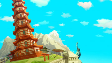 Картинка рисованное города статуя гора башня