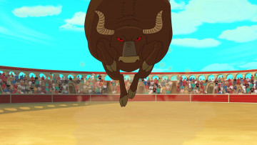 Картинка векторная+графика мультфильмы+ cartoons бык арена бег люди