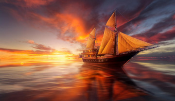 обоя 3д графика, море , sea, корабль, закат, небо, море, графика, 3d, manuel, roger, парусник