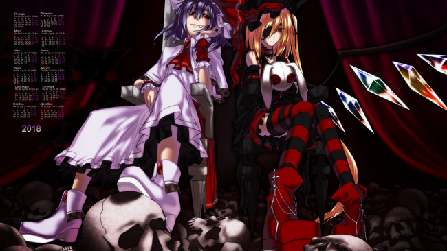 Обои картинки фото календари, аниме, девочка, двое, череп, игрушка