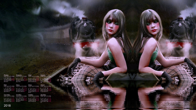 Обои картинки фото календари, компьютерный дизайн, девушка, паровоз, водоем