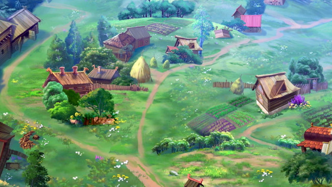 Обои картинки фото рисованное, города, изба, дорога, стог, растения