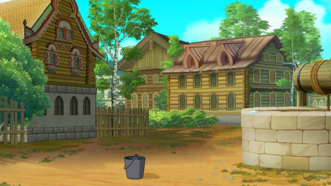 Обои картинки фото рисованное, города, изба, ведро, колодец, забор