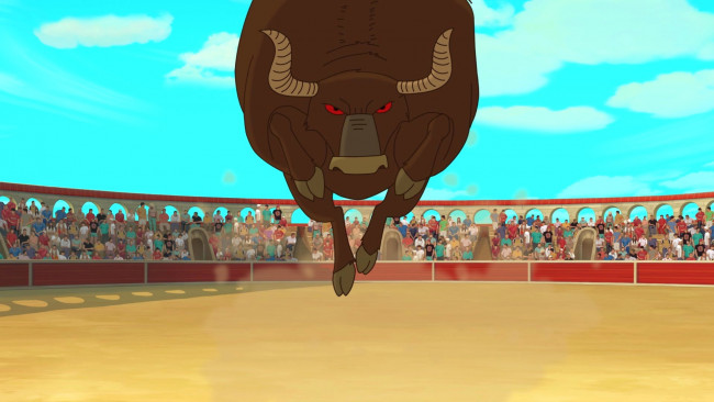 Обои картинки фото векторная графика, мультфильмы , cartoons, бык, арена, бег, люди