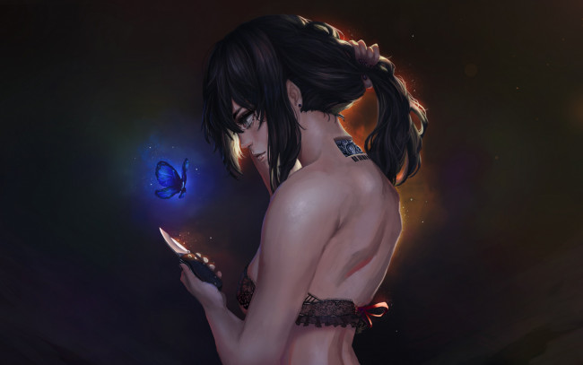 Обои картинки фото фэнтези, роботы,  киборги,  механизмы, by, therealotep, бабочка, робот, девушка, фантастика