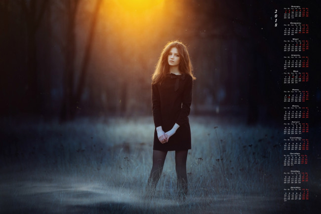 Обои картинки фото календари, девушки, взгляд, закат, природа