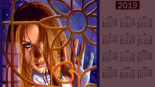 Обои картинки фото календари, фэнтези, девушка, взгляд, окно