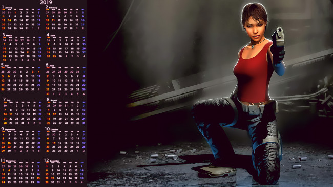 Обои картинки фото календари, видеоигры, девушка, оружие