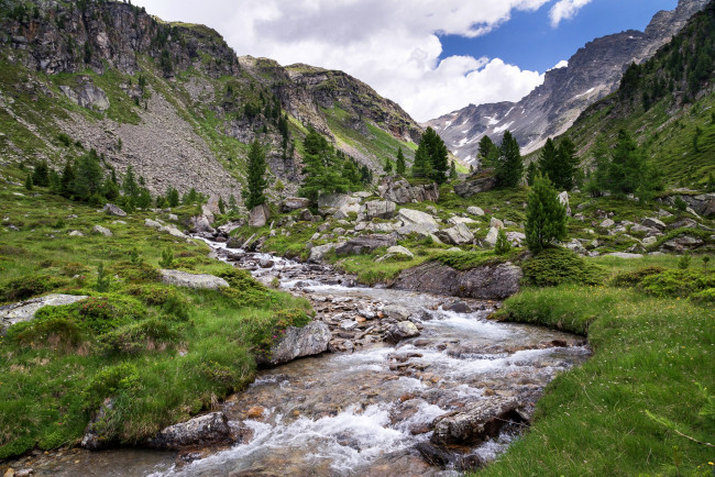 Обои картинки фото природа, горы, долина, скалы, камни, ручей, деревья, облака, трава, небо, зелень
