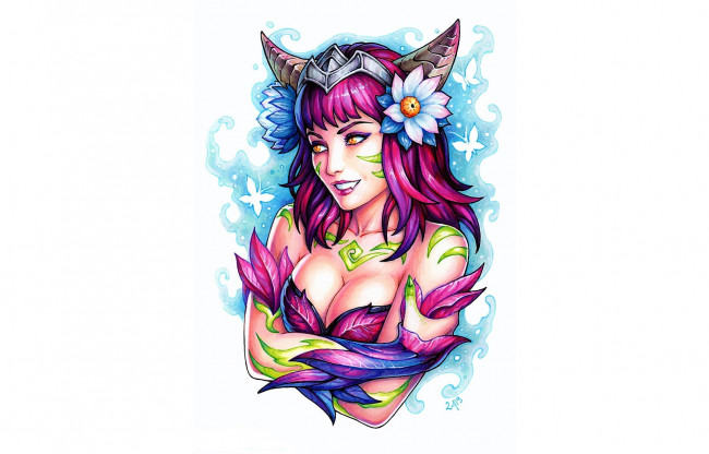 Обои картинки фото видео игры, league of legends, лицо, цветы, рога, листья, ahri