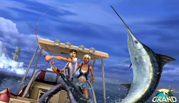 обоя видео игры, grand mer, парень, девушка, море, катер, рыба